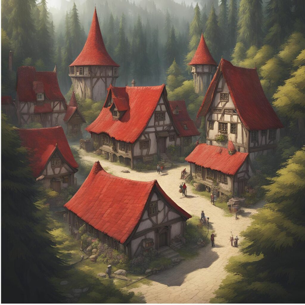 A medieval village in a redwood  forest