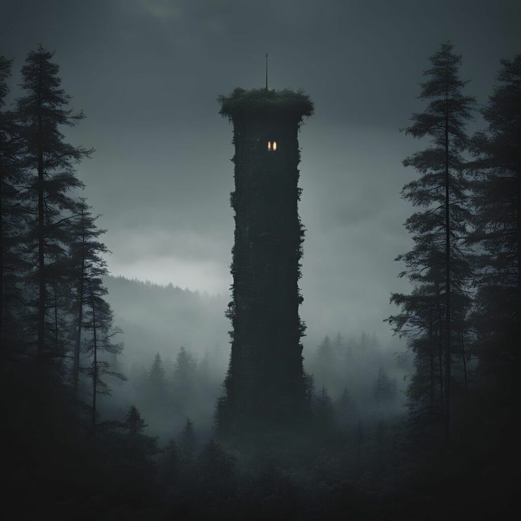 A lone tower in a dark forest